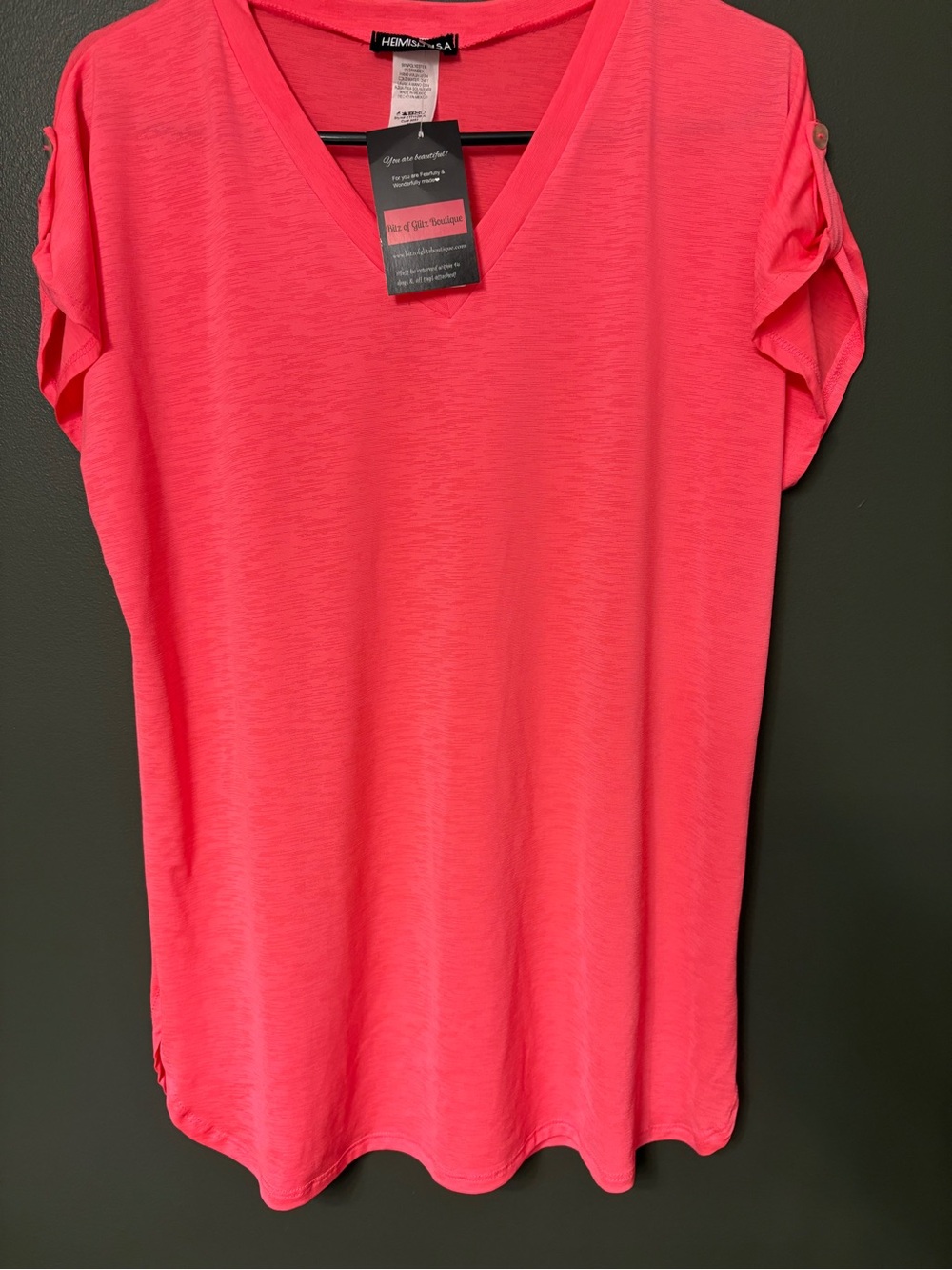 HEIMISH USA Hot Pink V-Neck Roll-Tab Short Sleeve Top